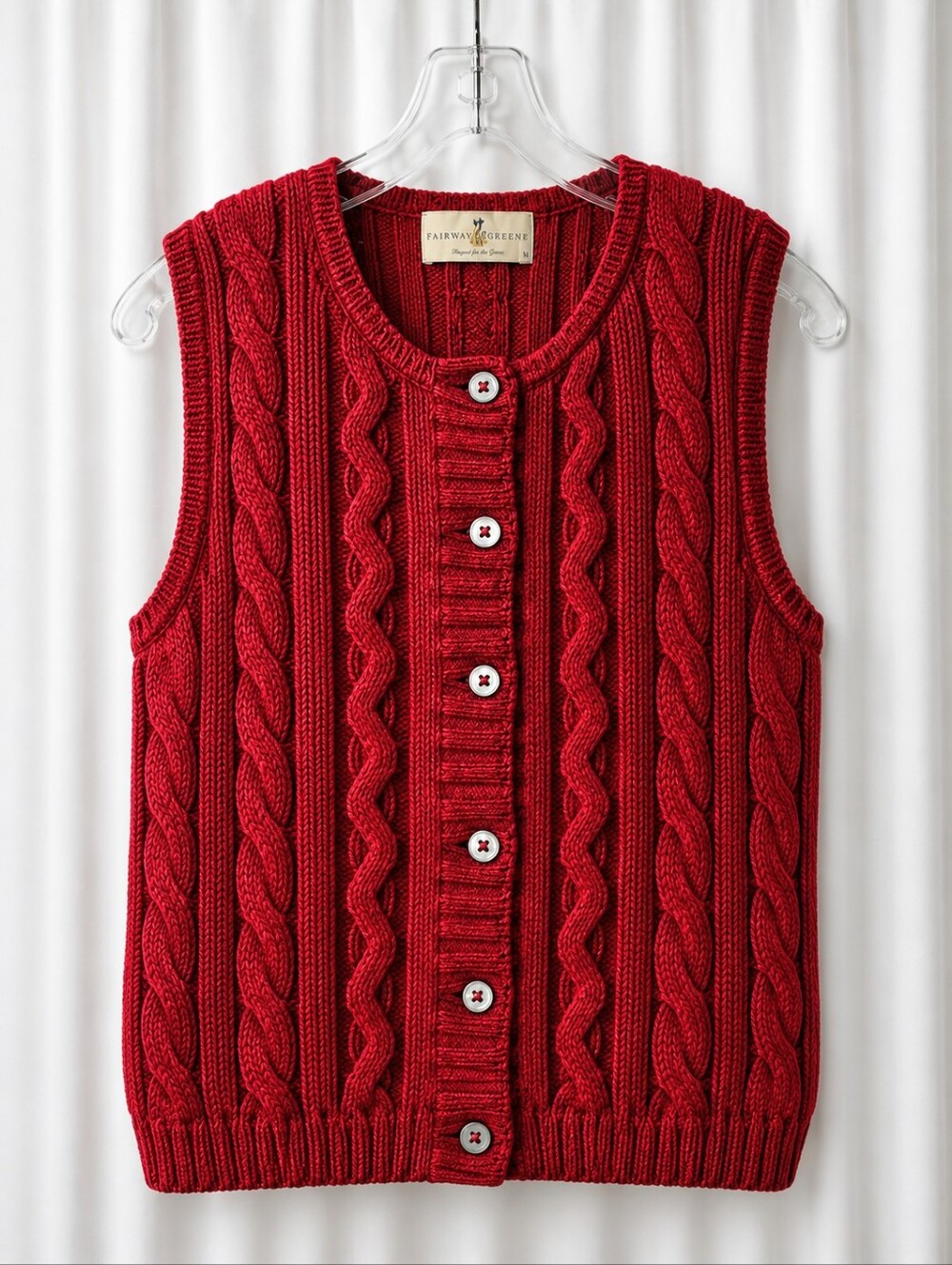 Vintage Fairway & Greene Red Pima Cotton Cable Knit Button Sweater Vest Golf